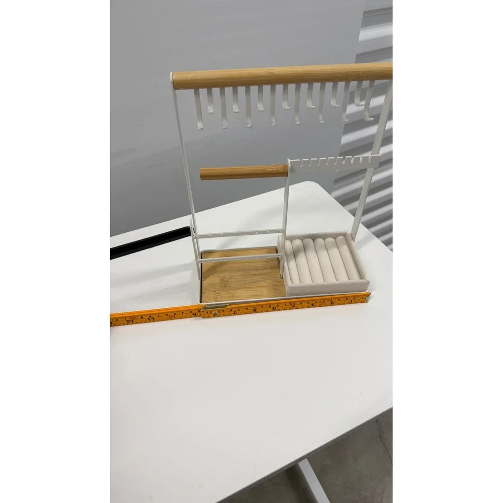 White Metal and Bamboo Jewelry Stand Organizer Necklace Holder Ring Tray